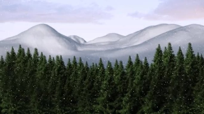 积雪落在冬天的风景上，树木和山脉与天空中的云彩