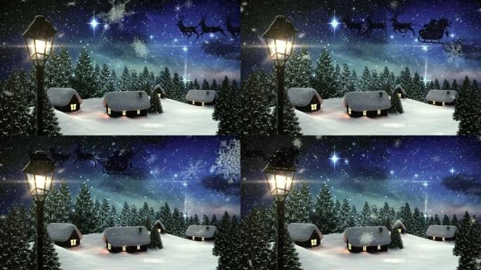雪花落在冬季景观上的房屋和树木上，夜空中闪耀的星星