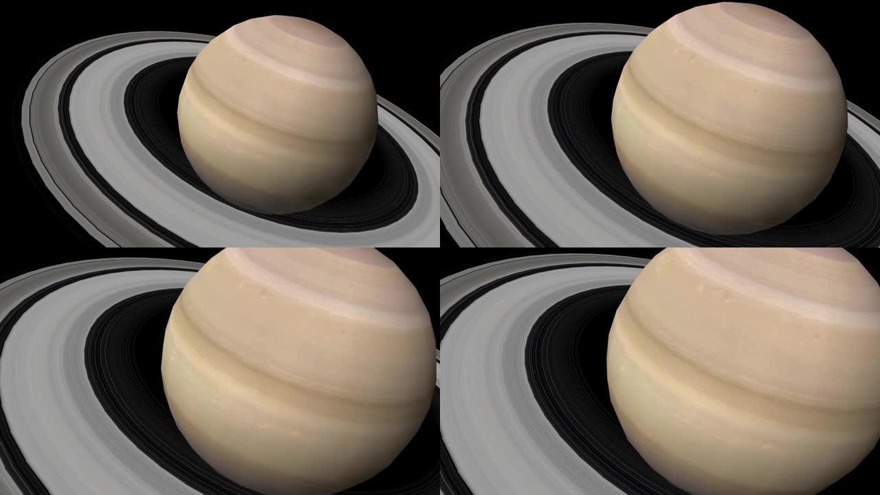 缓慢旋转土星。在太空中缓慢放大到土星。土星和星星的真实感3D渲染。