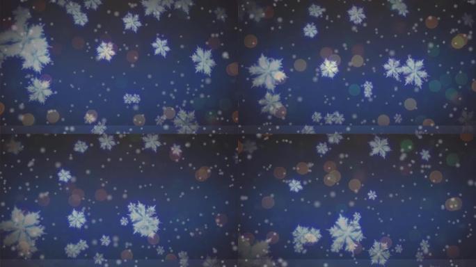 雪落在蓝色背景上模糊的灯光上的动画