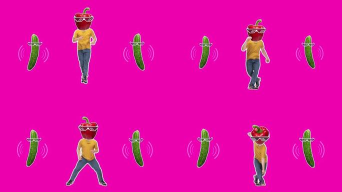 最小的动画动作设计。有趣的甜红辣椒脸跳舞的嘻哈男人。流行和舞蹈的情绪。年轻快乐的男性在定格，2D，现