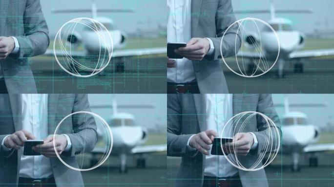 在机场上使用智能手机的地球仪动画和商人的数据处理