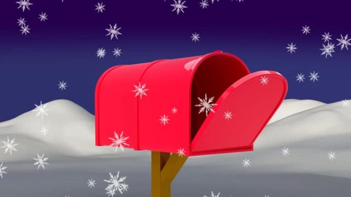 雪花落在蓝色背景下的冬季景观上的红色邮箱上