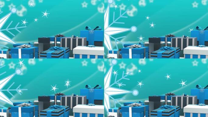 星星和蓝色背景上的圣诞礼物动画
