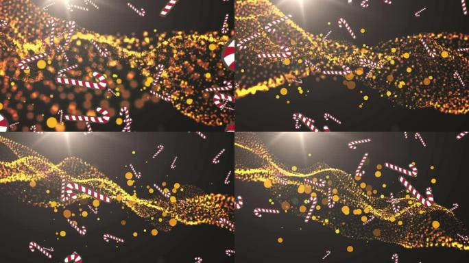 多个candy cane图标落在黄色斑点上，并在黑色背景下显示数字