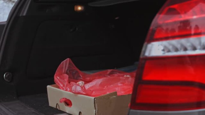 工人把一箱冷冻肉放在汽车后备箱里。4k视频