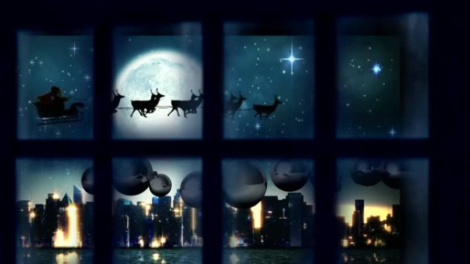 雪橇上的圣诞老人的窗框被驯鹿拉到城市景观上