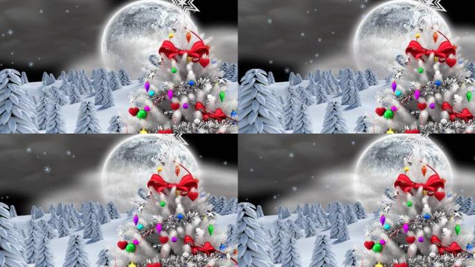 圣诞树和雪落在冬季风景上的动画