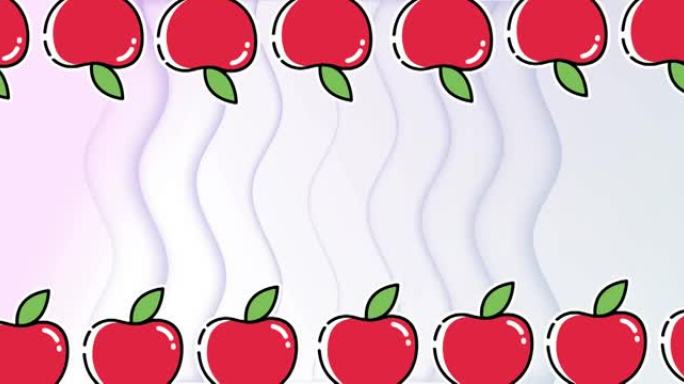 在柔和的粉红色背景上，顶部和底部的一排排红色苹果在波浪线上移动的动画