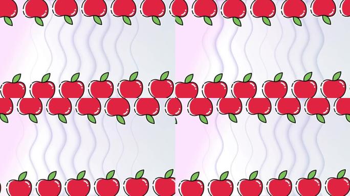 在柔和的粉红色背景上，顶部和底部的一排排红色苹果在波浪线上移动的动画