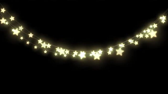 黑色背景下悬挂的装饰星形仙女灯的数字动画