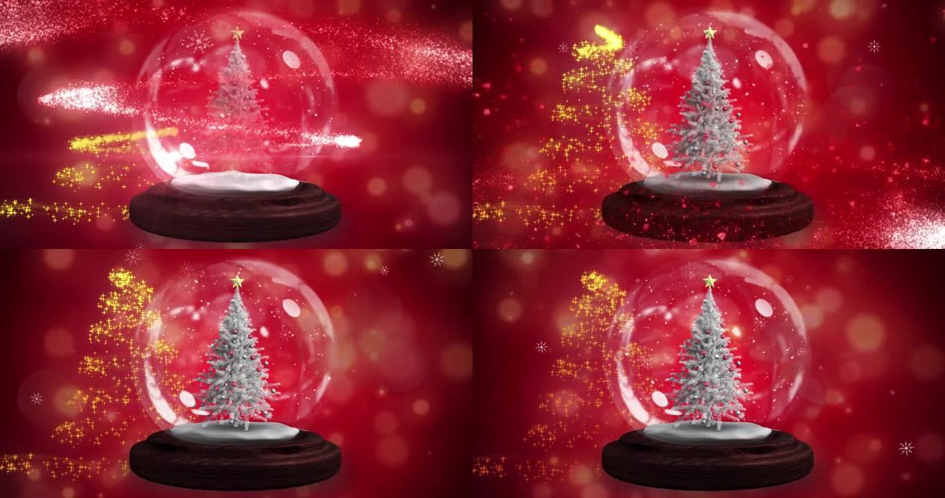 一颗围绕着圣诞树的流星在一个雪花球上，映衬着红色背景上的光点