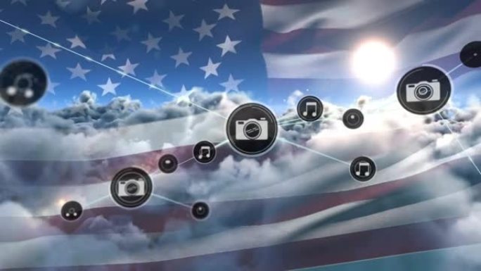 美国国旗和云上的图标与相机和笔记的连接网络动画