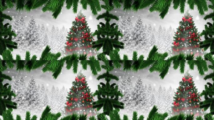雪花落下的枞树和圣诞树的动画