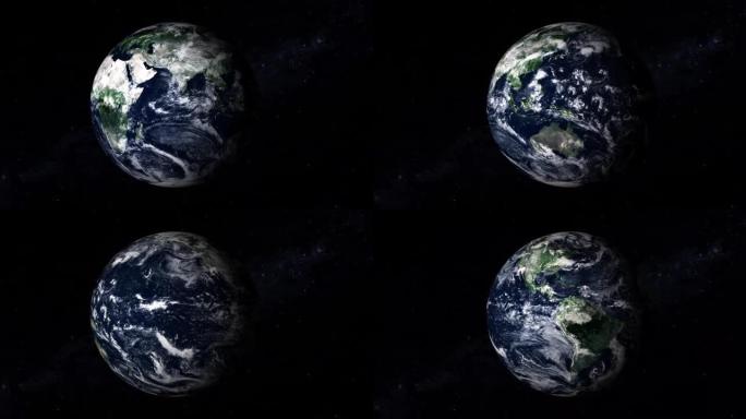 3d渲染照片逼真地球行星。美丽的绿色地球行星，有五颜六色的星系或星云。从太空看地球的前视图，云和绿色
