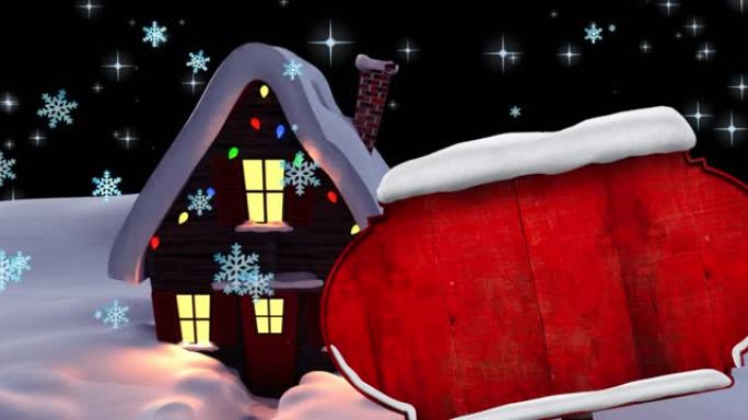 在圣诞节和冬季景观中，带有复制空间和雪落在房屋上的路标动画