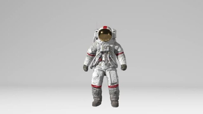 宇航员在阿尔法频道的白色背景下跳跃和敬礼。