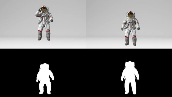 宇航员在阿尔法频道的白色背景下跳跃和敬礼。