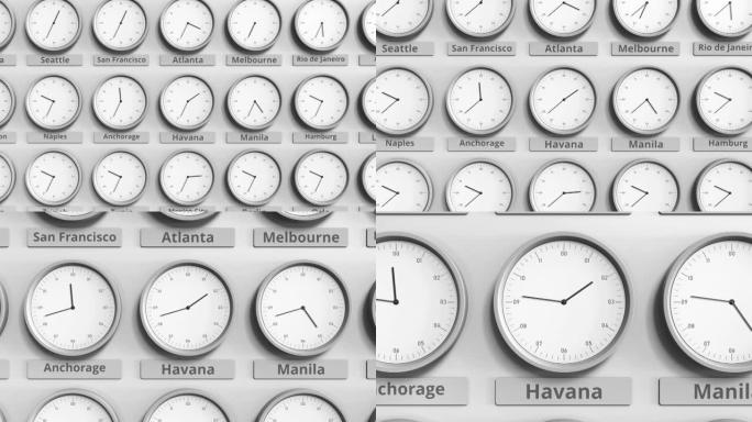时钟显示古巴哈瓦那在不同时区之间的时间。3D动画