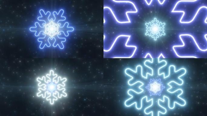 冬季雪花形状冰冷的圣诞假期霓虹灯隧道-4k无缝VJ循环运动背景动画