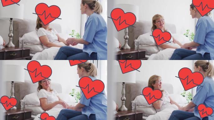 在高加索女医生和患者上使用心脏描记器进行心脏动画