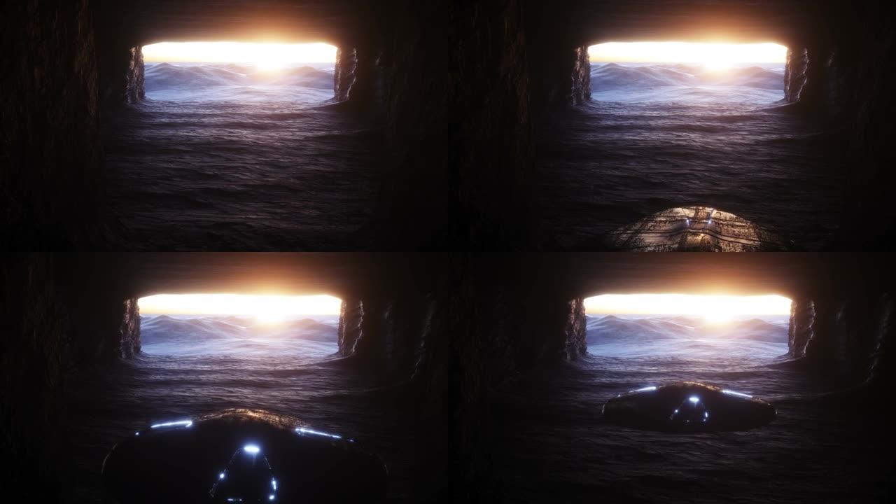 未来派的老科幻船在岩石洞穴中飞行。未来概念。逼真的4k动画。