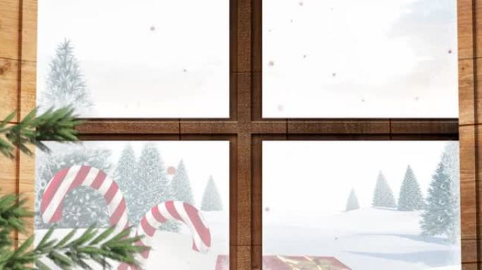 糖果上的窗户和圣诞树的动画，并呈现在冬季景观上