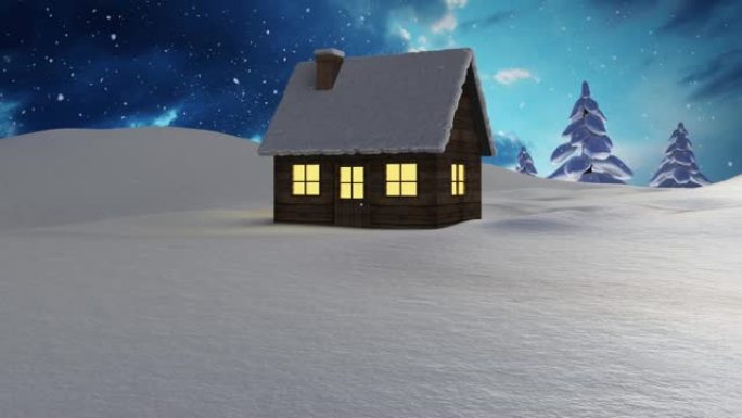 雪落在冬天的风景上，房屋和树木在夜空中