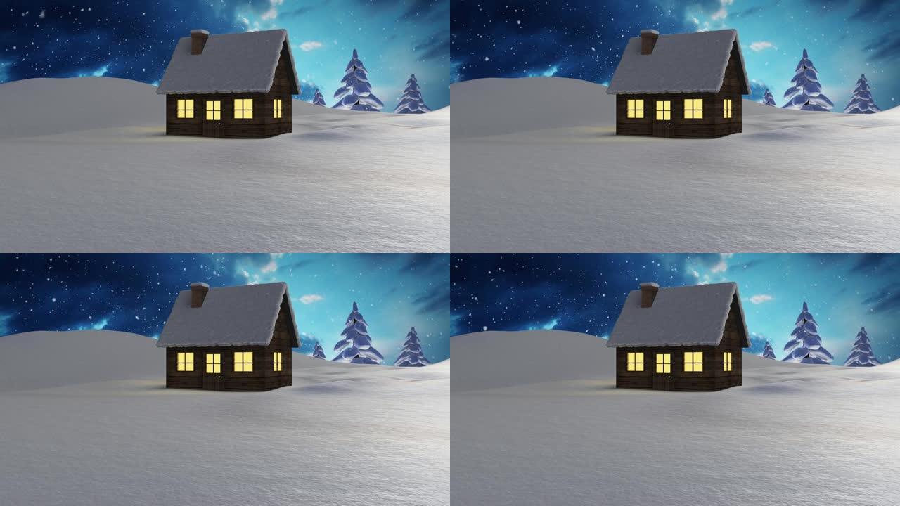 雪落在冬天的风景上，房屋和树木在夜空中