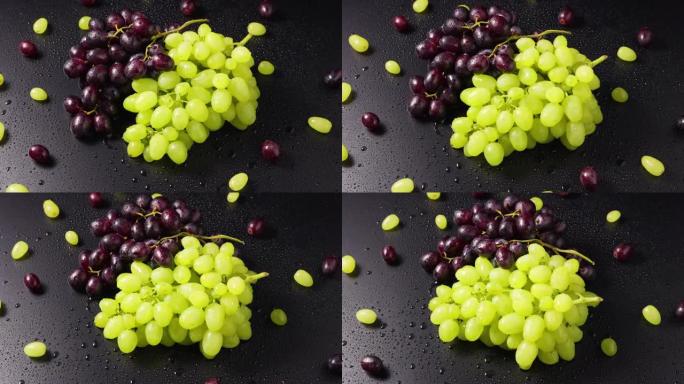 一束绿色和蓝色的葡萄，湿漉漉的水滴躺在潮湿的桌子表面上。慢动作旋转的成熟葡萄浆果的俯视图特写。水滴葡