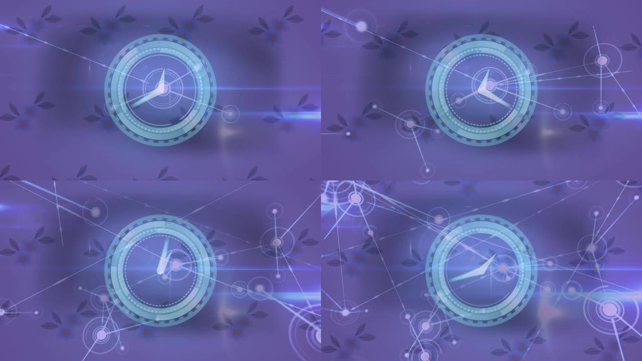 紫色背景上的连接和花朵网络上的时钟动画