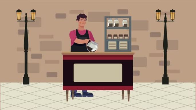 售货亭里有工人的咖啡店动画