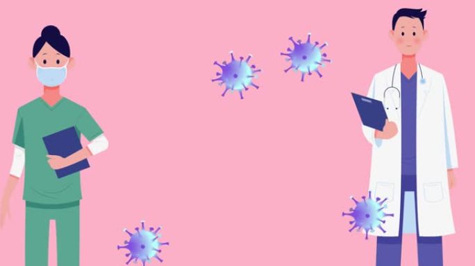 蓝色冠状病毒细胞在粉红色背景上移动的女性和男性医生的动画