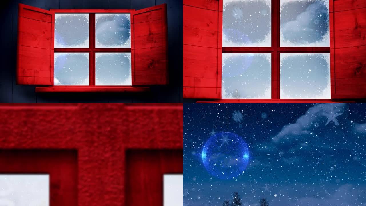 窗框抵御雪落在蓝色的圣诞节小玩意