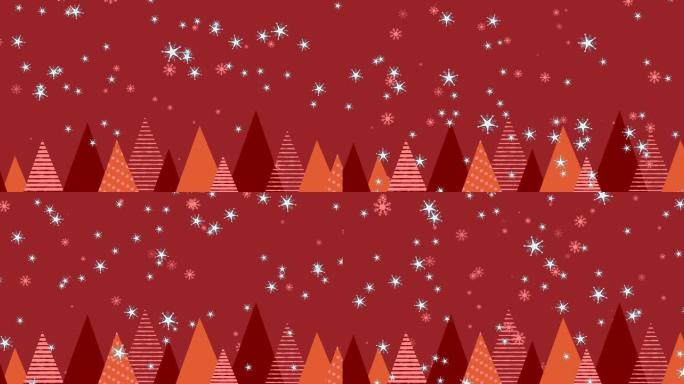 红色背景上的多个星星和雪花图标落在多个圣诞树图标上