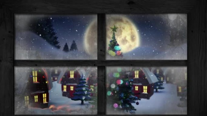木制窗框，抵御积雪落在圣诞树和冬季景观上的房屋上