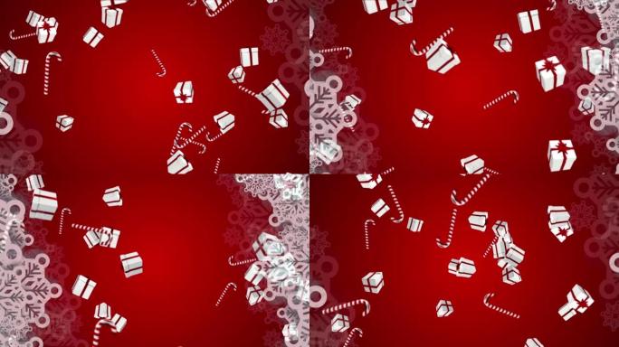 礼物和圣诞糖果手杖落在红色背景上的动画