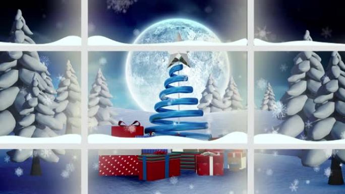 圣诞树的动画以及满月和冬季景观的礼物