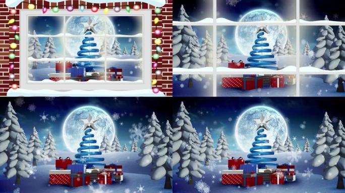 圣诞树的动画以及满月和冬季景观的礼物