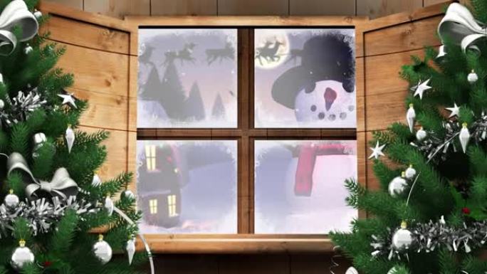 通过窗户看到房子，雪人和圣诞老人雪橇的冬季圣诞节场景动画