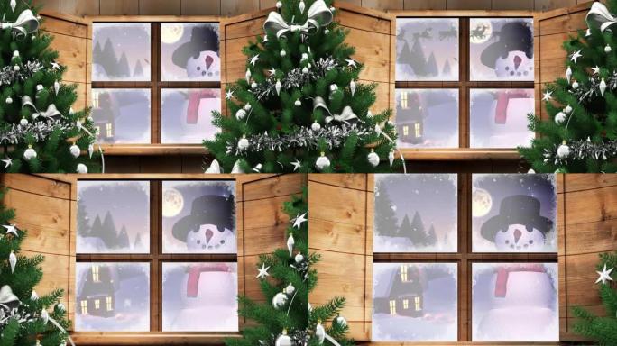 通过窗户看到房子，雪人和圣诞老人雪橇的冬季圣诞节场景动画
