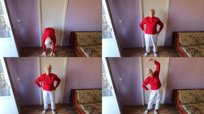 资深女性在家里的客厅做体操运动。以4k分辨率拍摄