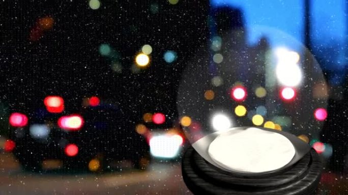 圣诞雪球上的雪的动画，没有焦点的城市灯光