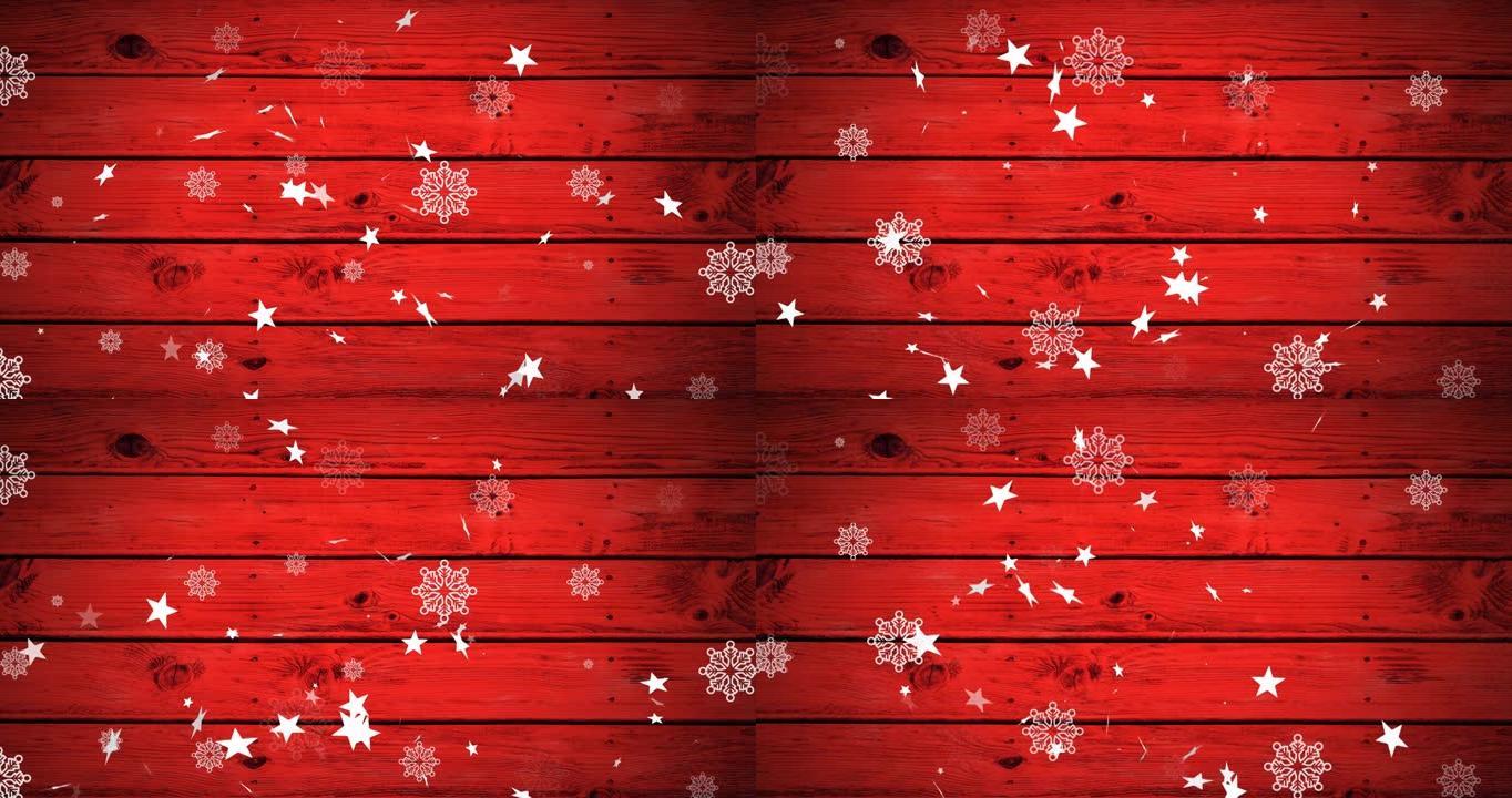 圣诞星星和雪花落在红色木制背景上的动画