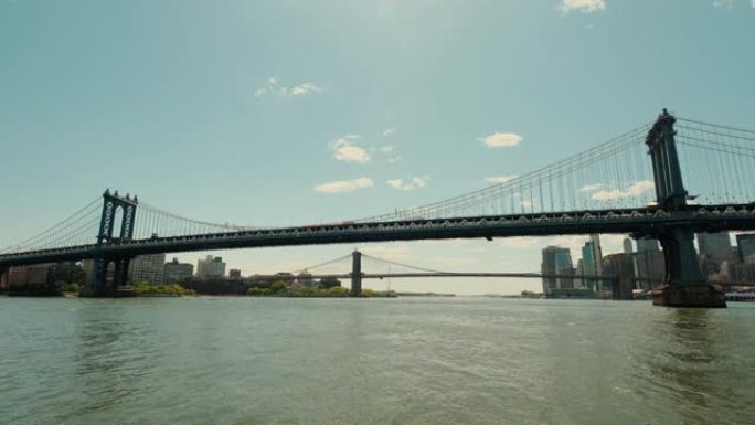 日落时分，纽约华盛顿大桥的宽阔视野。移动相机. .