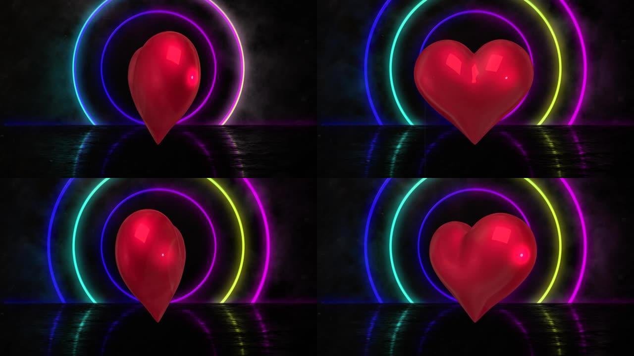 黑色背景上的心脏气球和霓虹灯圈的动画
