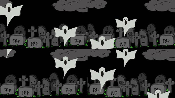 黑色背景上的墓地上的飞魂动画