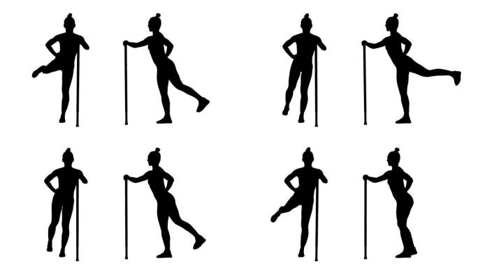 穿着运动服的年轻女子的黑色轮廓做运动，用酒吧摆动腿。适合女性。白色背景上的2合1拼贴正面和侧面视图全