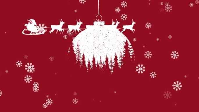 圣诞舞会和圣诞老人在雪橇上的动画，驯鹿在红色背景上