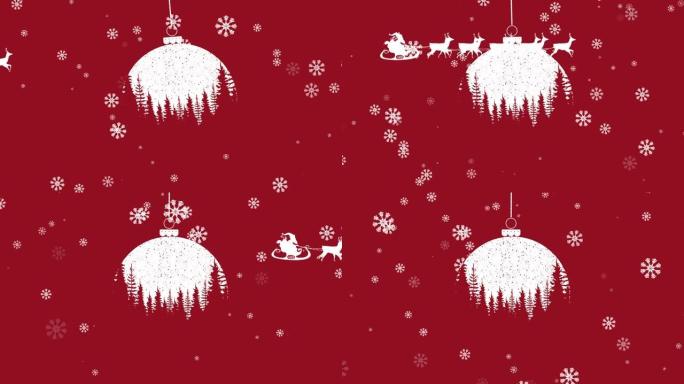 圣诞舞会和圣诞老人在雪橇上的动画，驯鹿在红色背景上